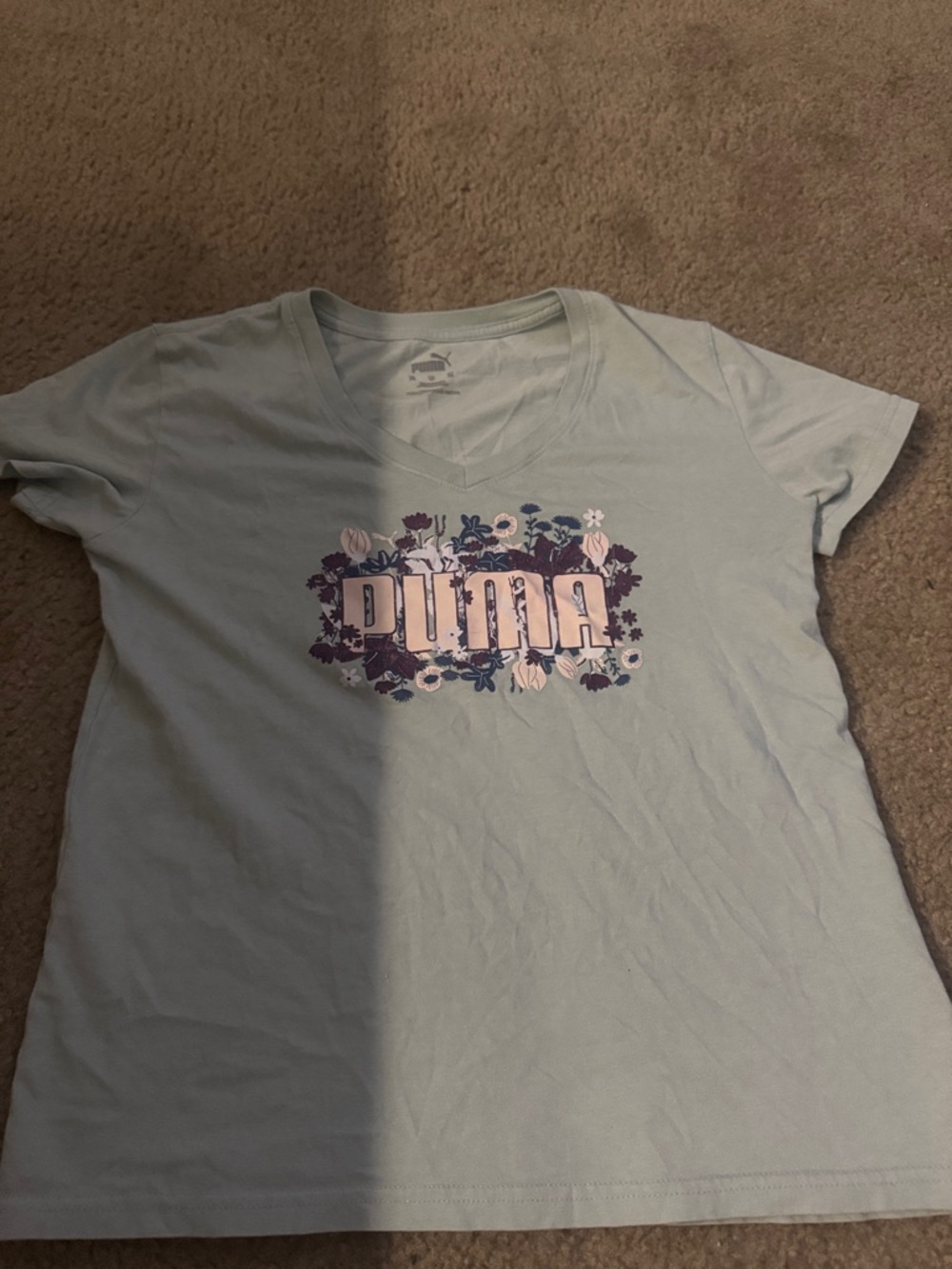 Puma Light Blue V-Neck Tee with Floral Logo